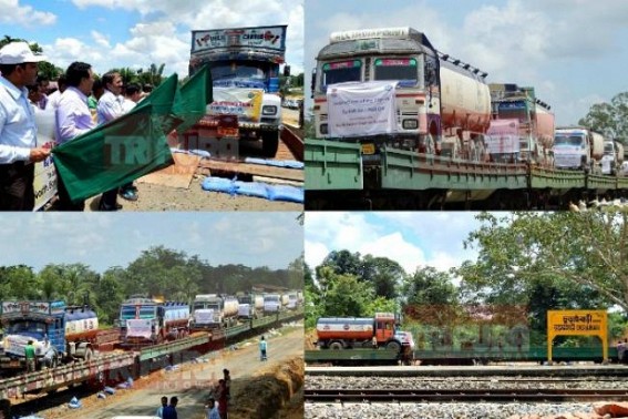 First RoRo trial train service inaugurated from Churaibari on Friday with 19 fuel tankers, 2 LPG bullets : State to get relief from fuel crisis as Central Railway Ministry started RoRo for Tripura First RoRo trial train service inaugurated from Churaibari on Friday with 19 fuel tankers, 2 LPG bullets : State to get relief from fuel crisis as Central Railway Ministry started RoRo for Tripura
